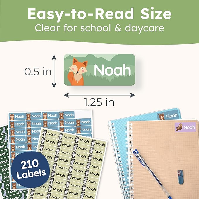 Personalized Name Labels for Kids (210 Labels) - Durable & Waterproof Custom Name Stickers for Clothing Tags, School Supplies, Camp & Daycare - Animal Forest (1.2”x0.5”)