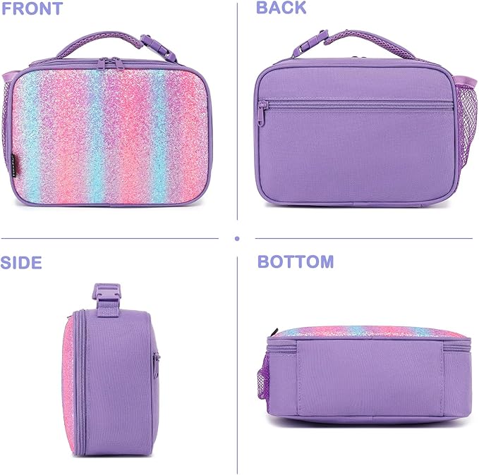 FlowFly Kids Lunch box Insulated Soft Bag Mini Cooler Back to School Thermal Meal Tote Kit for Girls, Boys,Purple#Glitter