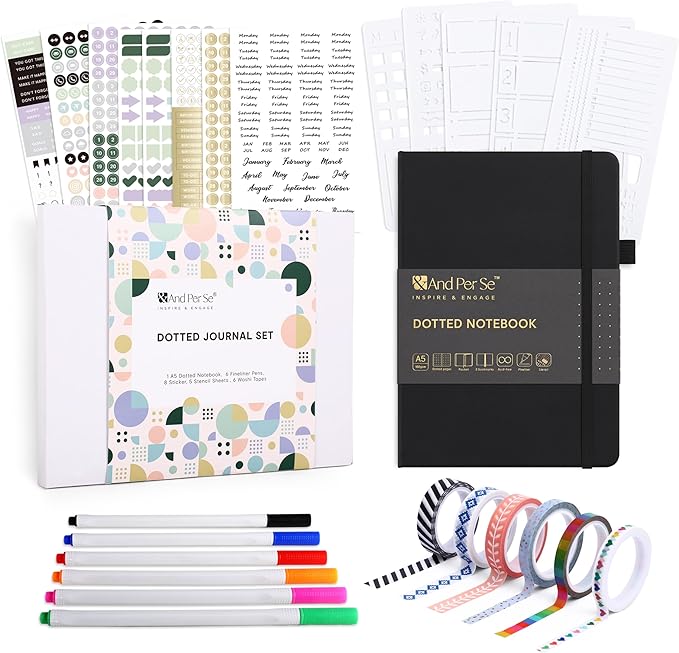 &And Per Se Dotted Journal Supplies – Journaling Kit with Dotted Notebook, Stencils, Stickers, Washi Tape & Colored Pens for Beginners (Black)
