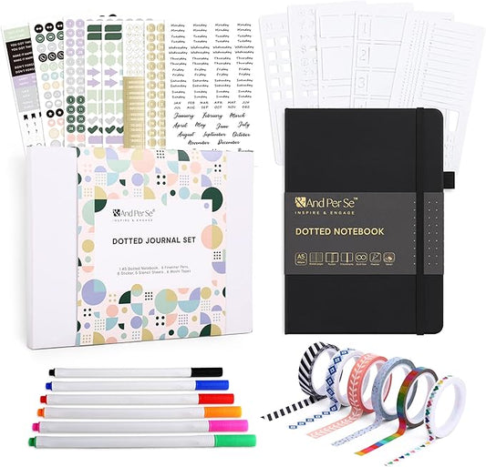 &And Per Se Dotted Journal Supplies – Journaling Kit with Dotted Notebook, Stencils, Stickers, Washi Tape & Colored Pens for Beginners (Black)