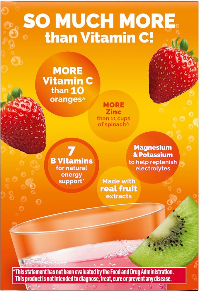 Emergen-C 1000mg Vitamin C Immune Support Powder Strawberry Kiwi 30CT includes Zinc, Manganese, 7 B Vitamins and Electrolytes for Back to School Essentials