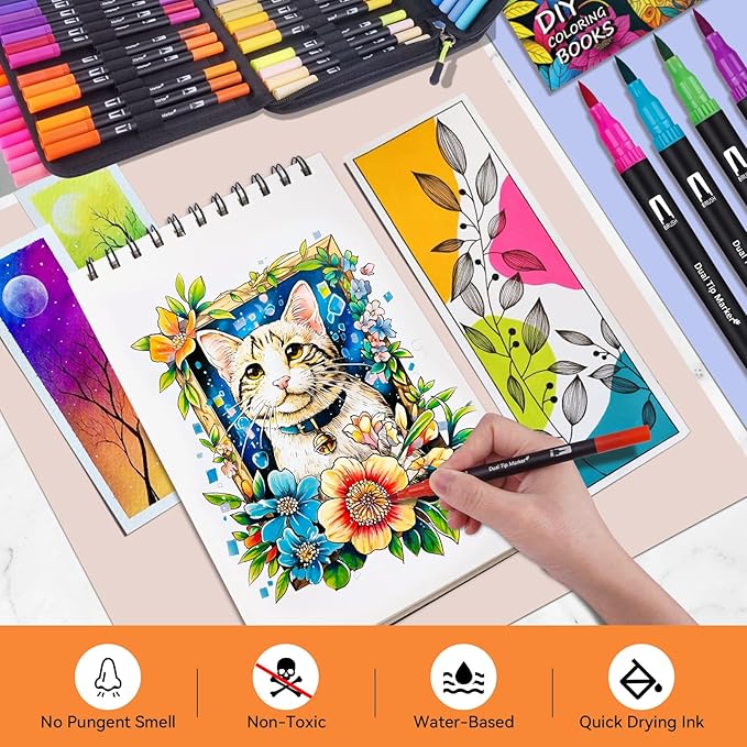 Artugn Dual Markers Brush Pens for Adult Kids Coloring Books,120 Colors Art Marker Set with Fine & Brush Tip Pen for Bullet Journaling, Coloring, Drawing, Hand Lettering, Calligraphy, Art Supplies