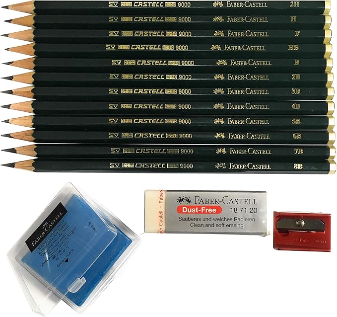 Faber-Castell 9000 Graphite Sketch Pencil Art Set (8B - 2H) with Kneaded Art Eraser, Large Dust Free Eraser and Sharpener