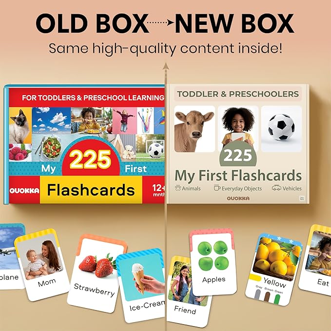 QUOKKA 225 Toddler Flash Cards with Rings – Realistic Learning Cards for Ages 1–3 – Alphabet, First Words, Animals etc – Portable Montessori Flashcards for Car Rides, Stroller Walks, Shopping &Travel