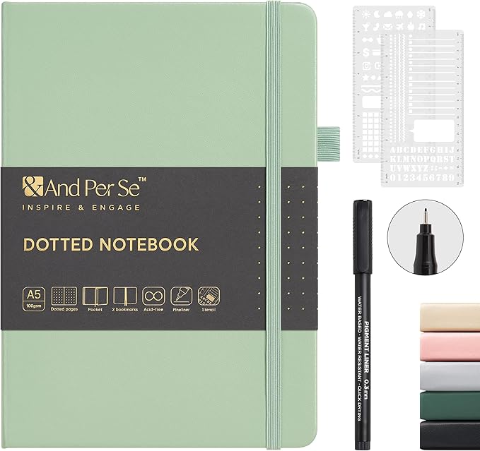 &And Per Se Dotted Notebook, A5 Hardcover with Journal Dotted Pages, Journal Stencils & Pen, 176 Numbered Pages for Beginners Women Men (Light Green)
