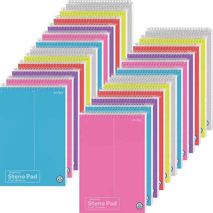 Enday 24 Pack Steno Pads Spiral 6 x 9 Gregg Ruled White Paper, 60 Sheets (120 Pages), Bulk Steno Notebooks for Writing Notes in Office, School, College, University, Colorful Covers