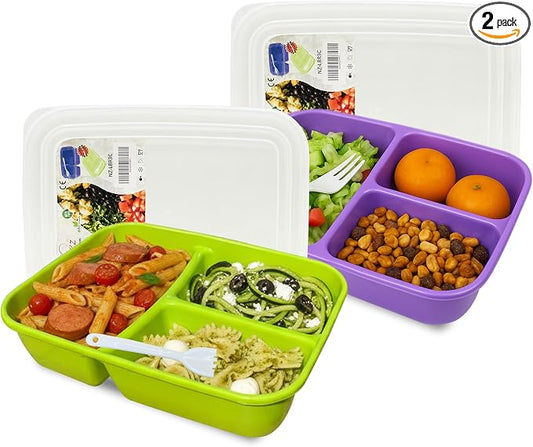 Neez 2 Pack Lunch Containers for Adults (48oz/6 Cup) - 3 Compartment Large Bento Lunch Box For Women - Reusable Lunchable Container for Salad, Snack, Meal Prep - Stackable, Microwavable & Leak proof