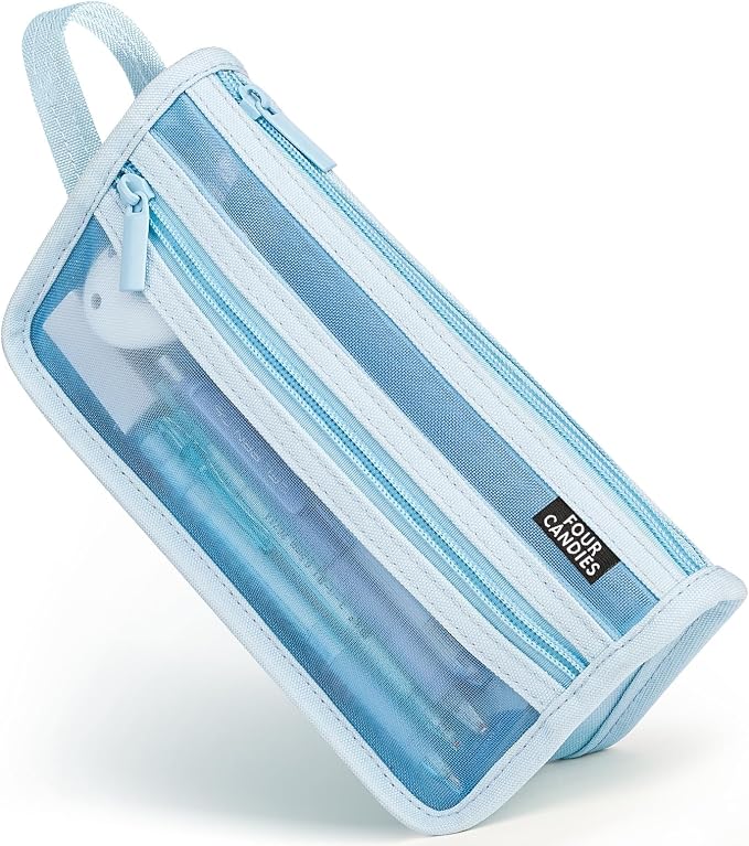 Four Candies Grid Mesh Pencil Case with Handle and Zipper, Clear Double-layer Pencil Pouch Marker Pouch, Travel Makeup Bag, Cute Transparent Stationary Organizer Pen Bag for Adult Office College | Smooth Zipper, Transparent Pencil Pouch, Cute Stationar...