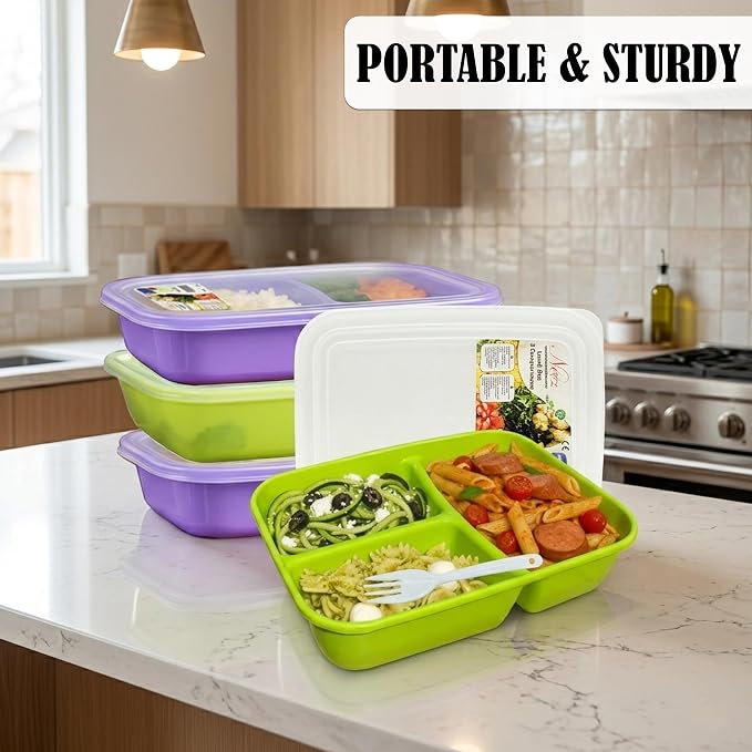 Neez 2 Pack Lunch Containers for Adults (48oz/6 Cup) - 3 Compartment Large Bento Lunch Box For Women - Reusable Lunchable Container for Salad, Snack, Meal Prep - Stackable, Microwavable & Leak proof