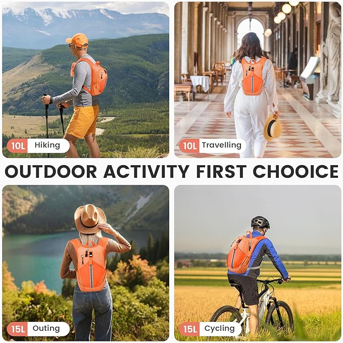 Small Hiking Backpack 15L- Lightweight Packable Foldable Backpack for Travel Camping Outdoor Commute, Compact Rucksack for Women Men(Orange)