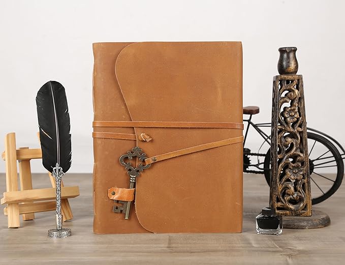 Leather Journal with Deckle Edge Paper 8x6 inch and Vintage Key | Handmade Writing Notebook Diary | Bound Daily Notepad for Men & Women Medium, Sketch/Writing pad for Artists