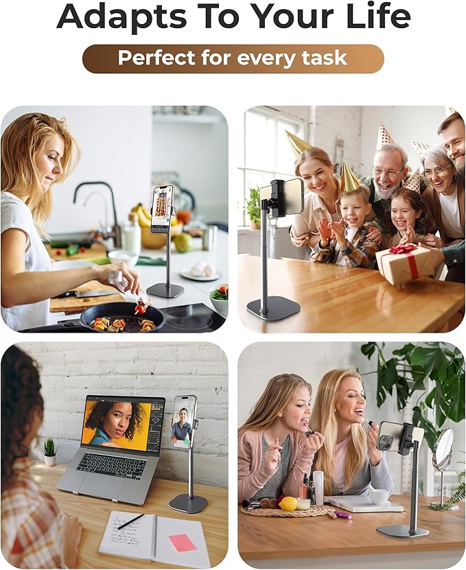 COOPER ChatStand, Adjustable Cell Phone Stand for Desk, Phone Stand for Recording, iPhone Holder for Filming, Small Tripod for iPhone, Fits Samsung, Android Smartphones, (Metallic Gray)