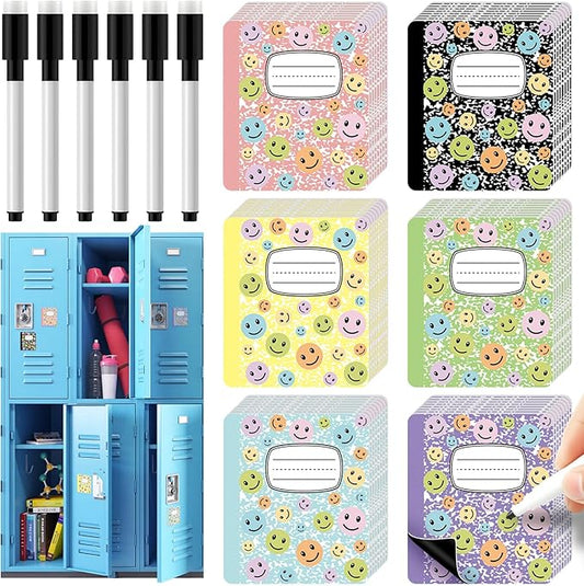 Crtiin Magnetic Name Tags for Lockers Composition Notebook Smile Face Dry Erase Labels Magnetic Reusable Name Tags for Back to School Whiteboard Classroom School Bus Locker Fridge