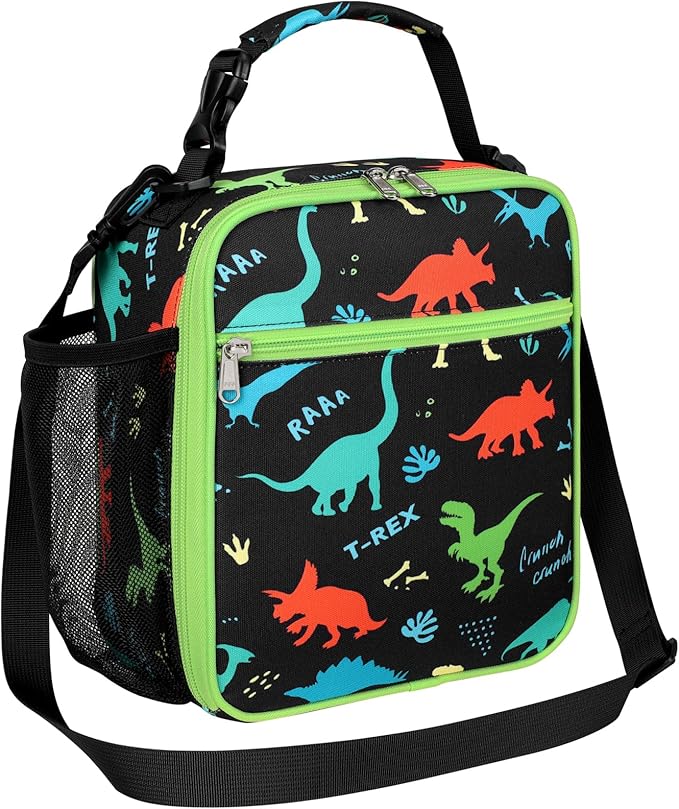Bagseri Kids Lunch Bag with Shoulder Strap - Insulated Crossbody Boys Lunch Box for School & Travel, Reusable Large Meal Tote with Bottle Holder, Fits Bento Box, Black Dinosaur