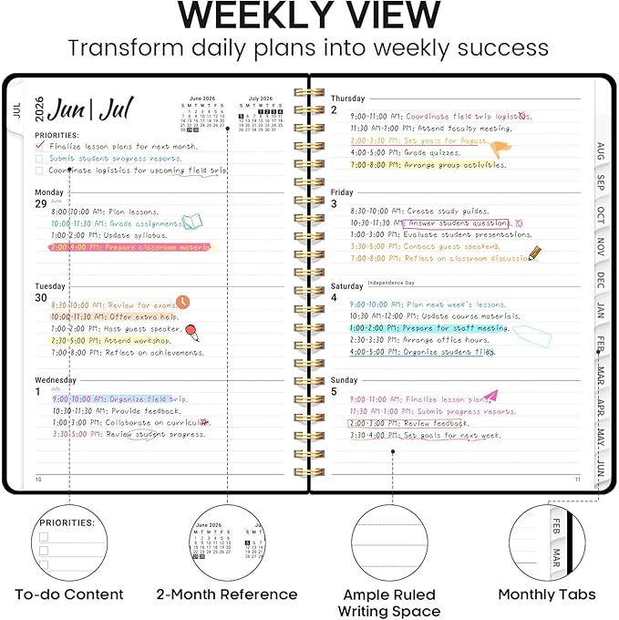 Academic Planner 2026-2027, Weekly and Monthly Calendar Planner Book, July 2026 – June 2027, Hardcover Organizer with Tabs, Perfect for Teachers, Students, Women & Men, A5 (6.4" x 8.5") - Black