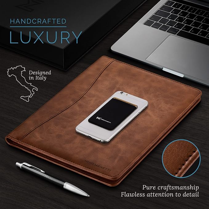 Nero Manetti - Leather Portfolio Folder - Business PU Leather Notepad Holder for Resumes, Legal Pad Executive Binder, Professional Padfolio Notebook for Women/Men (Brown)