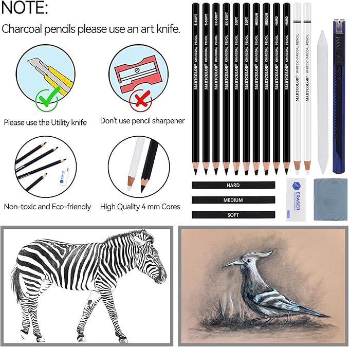 MARTCOLOR Charcoal Drawing Set, 19 Pieces, Black & White Charcoal Pencils for Drawing, Sketching, Shading, Blending, Artist Pencils for Beginners & Pro Artists