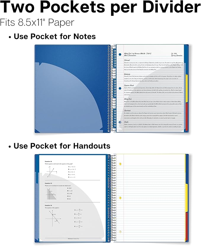 Dunwell 3-Subject Spiral Notebook College Ruled 8.5x11 (Blue), 150 Sheets (300 Pages), Tabs, Colorful Movable Divider Pockets Fit 8.5 x 11 Content, Front/Back Plastic Covers, 3-Hole Perforated Pages