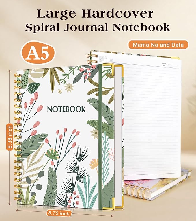Lined Spiral Notebook Journal for Women, 150 Pages Aesthetic Notebooks 5.75” x 8.38”, A5 Hardcover Spiral Journals with 100 GSM Thick Paper, Cute College Ruled Notebook for Writing Work School, Colorful Botanicals