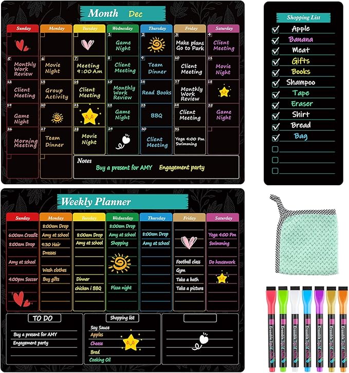 MaxGear Black Magnetic Calendar for Refrigerator, 16x12 Monthly and Weekly Dry Erase Fridge Whiteboard, Menu Schedule Planner Board, to-Do List, Notepad with 7 Markers,1 Eraser, and 1 Shopping List