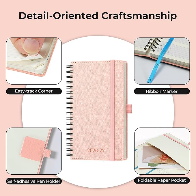 Planner 2026-2027 Daily Weekly and Monthly,6.5"x3.75",18 Months Spiral Bound Calendar Agenda with Self-adhesive Pen Holder,2026 Academic Plan with Vegan Leather Soft Cover,Pink
