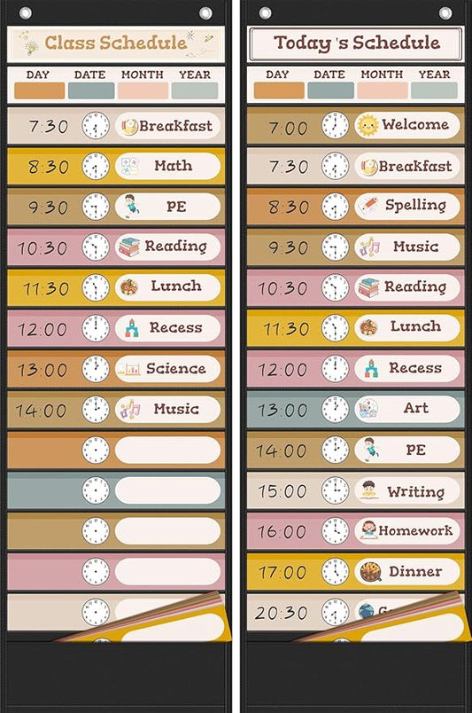 15+1 Pockets Daily Schedule Pocket Chart, Classroom Visual Schedule for Kids with 24 Double Sided Reusable Cards, Classroom Pocket Chart for Office Home Preschool Daily Use, Boho Black