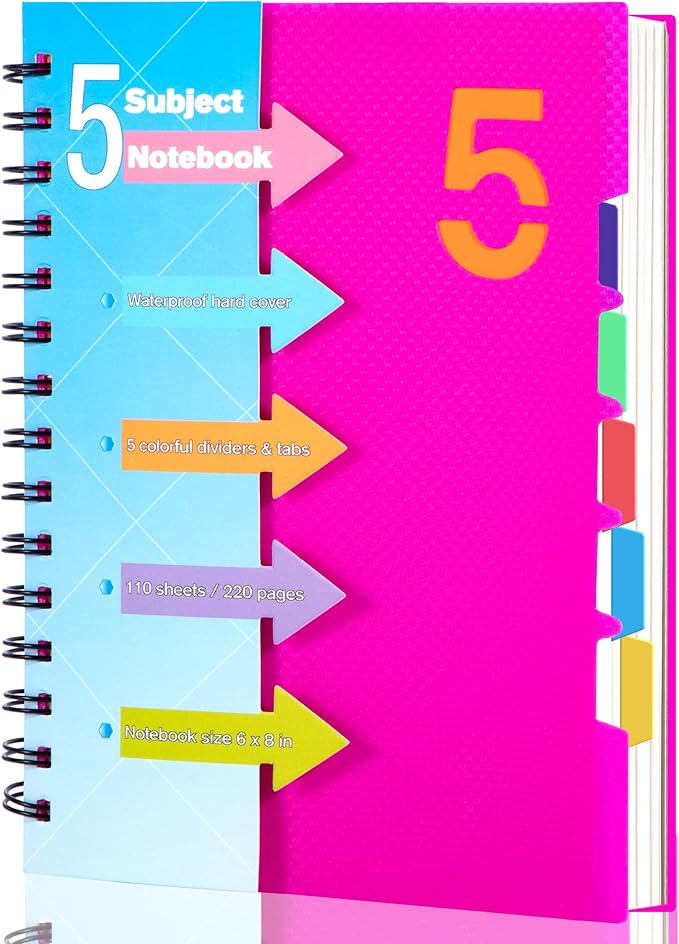 CAGIE 5 Subject Notebook, A5 Small Spiral Notebook with Removable Pocket Dividers Tabs, 240 Pages Spiral Note Book College Ruled for School Work Note taking, 6.1 * 8.27in, Rose Pink