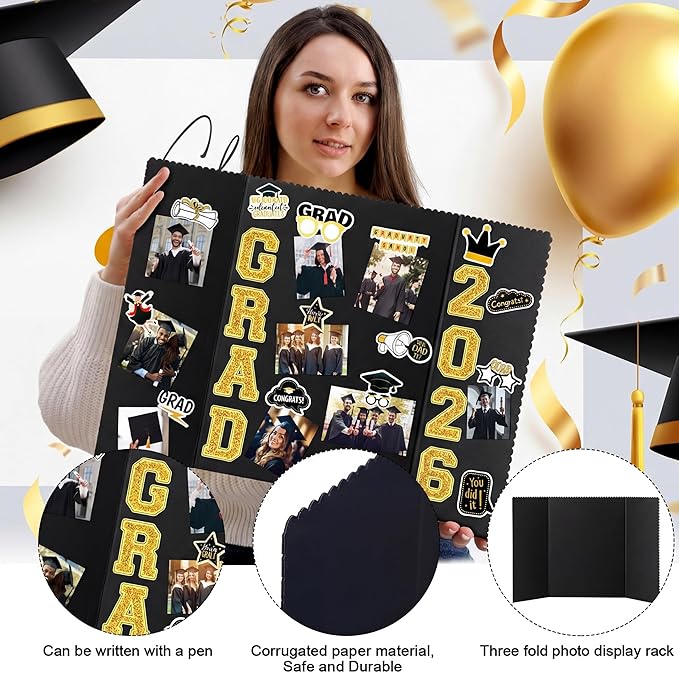 MiniInflat 4 Set 2026 Graduation Picture Trifold Poster Board Double-Sided Foldable Photo Display Board Graduation Decoration for Class of 2026 High School College DIY Craft(Gold,24 x 16 Inches)
