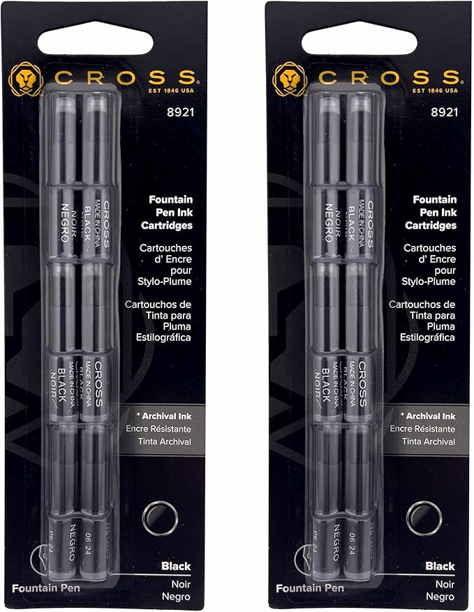 2 Packs - Cross Fountain Pen Cartridge Ink Refills, Black Ink Cartridges, 6 per card (8921)