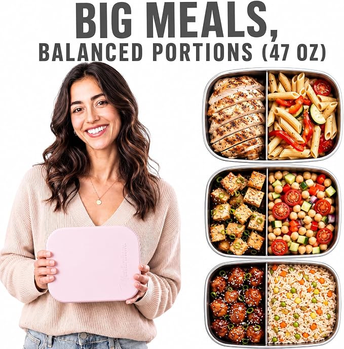 Modaniam Flexibento - Leak proof 47 OZ Stainless Steel Lunch Box Containers with Silicone Lids, Bento Box,Metal lunch Box, Pink-47 OZ-Set Of 2