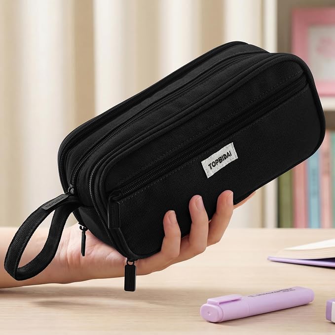 TOPBIDAI Large Pencil Case Pouch for Girls Boy Women Men Adults | Big Capacity Canvas Pencil Bag, Office School Supplies, Multi Compartment Zipper Stationery Pen Box (Coal Black)