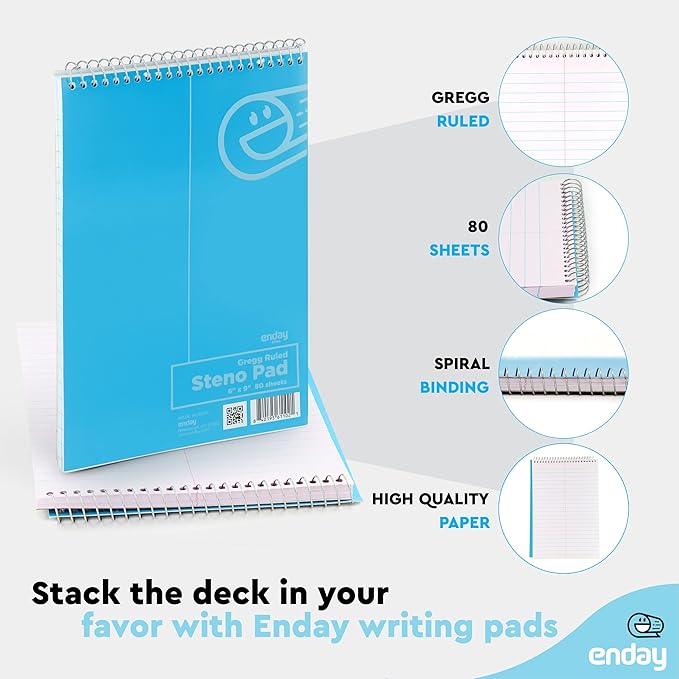 Enday Steno Pads Spiral 6 x 9 inches, Gregg Rule White Paper, 80 Sheets Steno Notebook for writing in Pink, Purple, Green, Blue, Red, Grey, Color May Vary (3 Pack)