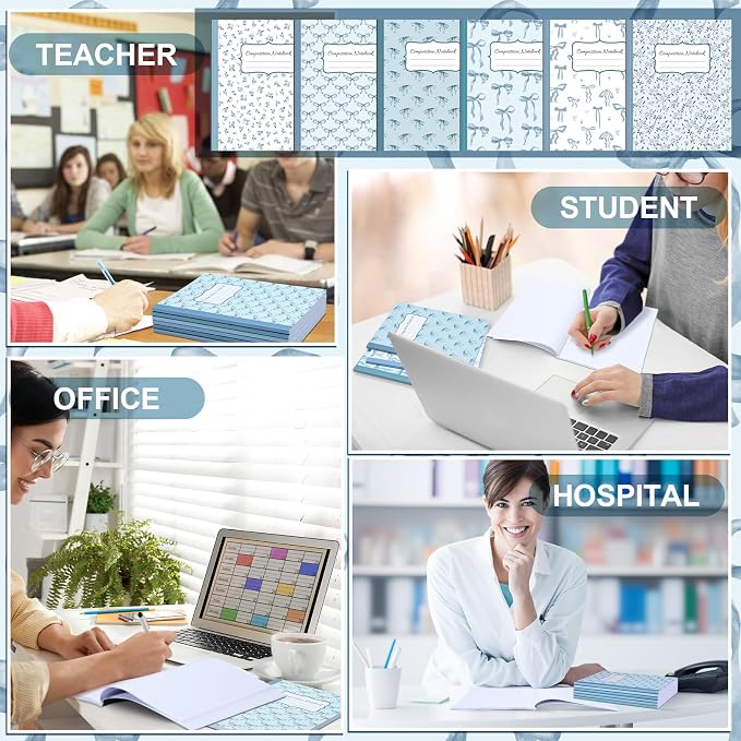 Fullhawl 6 Pack Composition Notebook College Ruled Bulk Blue Bow Composition Notebook Preppy Aesthetic for Back to School Supplies 110 Pages 9-3/4 x 7-1/2" Cute Journal for First Day of School Office