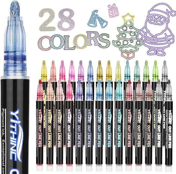 Outline Markers, 28 Metallic Shimmer Glitter Gel Pens, Tween Teen Girl Gifts Trendy Stuff, Cool Cute Art Craft School Drawing Supplies, Birthday Fun Kits for Kids Girls Ages 4 6 8 10 12 Year Old