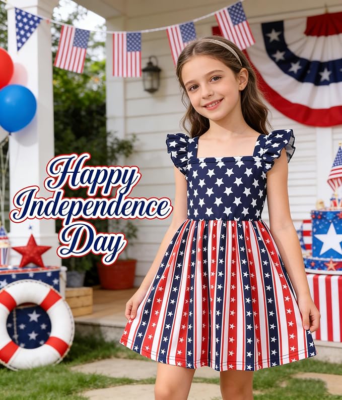 Popshion Girls Dresses Flutter Sleeve Swing Sundress Toddler Summer Clothes Kid Birthday Party Sleeveless Dress 1-8 Years Old