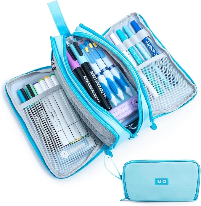 M&G Large Pencil Case, Big Capacity Pencil Pouch with 3-layer Compartment, Portable Handheld Pencil Bag, Cute School Stationery Organizer for Boys Girls Men Women, Ideal for Office School,Blue
