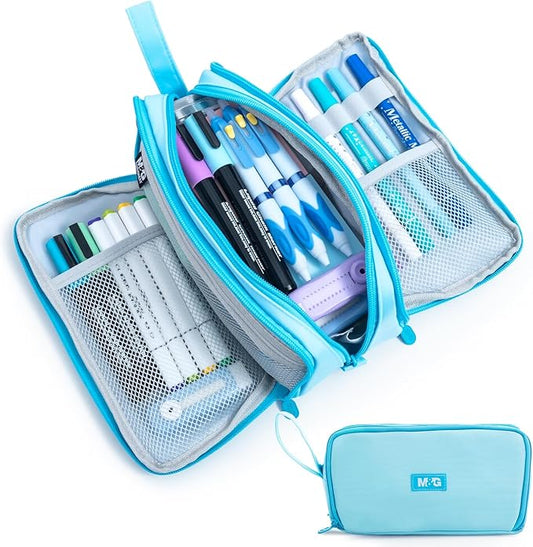 M&G Large Pencil Case, Big Capacity Pencil Pouch with 3-layer Compartment, Portable Handheld Pencil Bag, Cute School Stationery Organizer for Boys Girls Men Women, Ideal for Office School,Blue