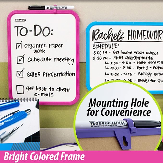 BAZIC Products Dry Erase Lap Board & Marker, 8.5x11 Inch Whiteboards Small Portable for Teacher Office Memo Drawing, Assorted Color Frame, 12-Pack
