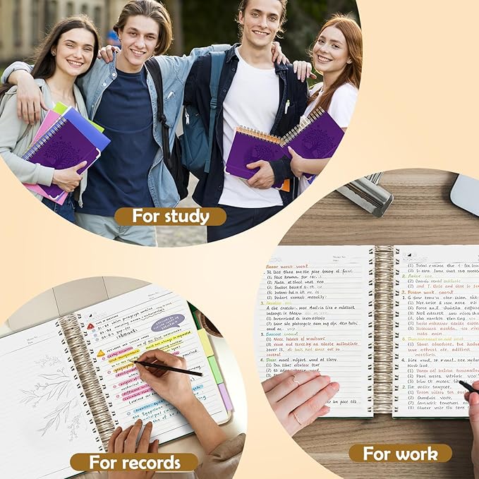 QIYVLOS Hardcover Spiral Notebook, B5 Journal with Removable Dividers Tabs, 5 Subject Notebook College Ruled, 320 Pages 8"x10" Leather Notebooks for Work School Study, Lined Journal for Women, Purple