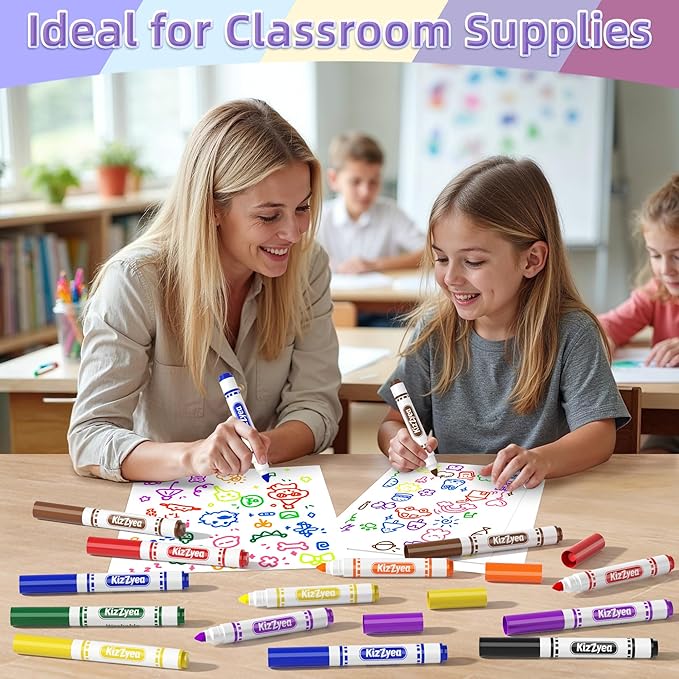 KIZZYEA Washable Markers Bulk, Markers for Kids, 8 Assorted Colors, 160 Count, Broad Line Marker for School, Student Art Supplies & Back to School Crafts, Classroom Essentials for Teachers
