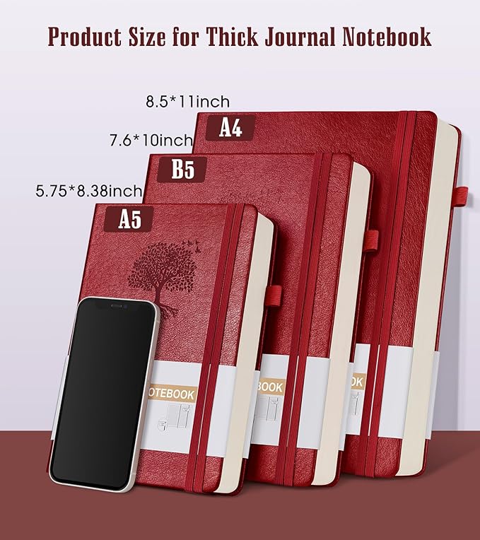 Lined Journal Notebook, 365 Pages A4 Big Journals for Writing College Ruled Notebook, Hardcover Leather Journal for Women Men, Daily Notebook for Work, Note Taking, 100Gsm Thick Paper( 8.5" x 11"Wine)