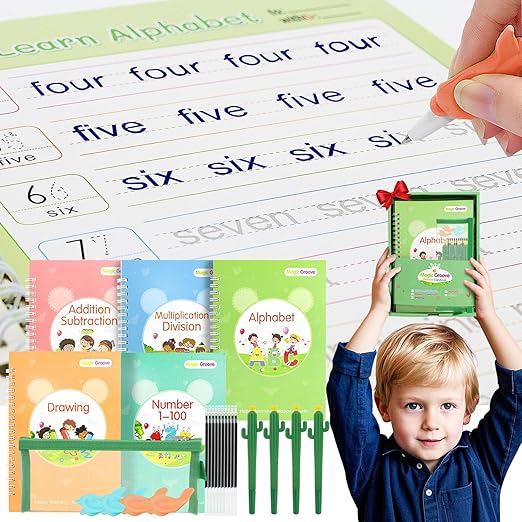 BYFWH Magic Groove Practice Copybook for Kids, Reusable Writing Practice Books, Grooved Handwriting Book Set for Kid Ages 3-8 Calligraphy 5.59 * 7.91 (5 Medium Books with Cactus Pens & Gift Box)