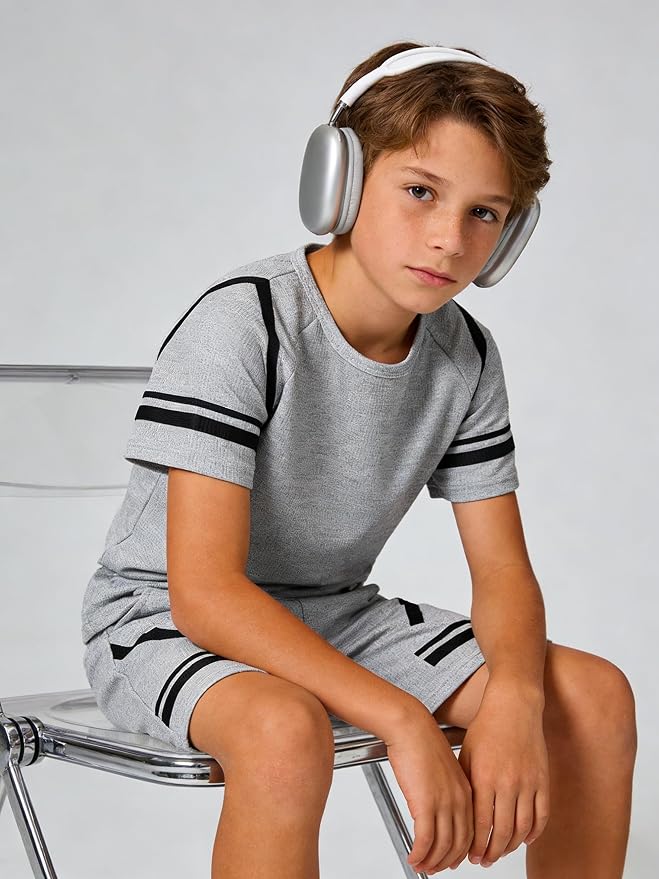 Cakaner Tween Boys Clothes Summer Simple Print T-Shirt And Shorts Set 2 Pieces Teen Trendy Outfits Size 7-14 Year