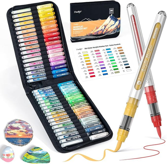 JusArt 36 Colors Acrylic Paint Markers with Canvas Bag, Water-Based No-Bleed Paint Pens with Automatic Ink Control, Waterproof Brush Tip Markers for DIY Art & Crafts -Fabric, Rock, Wood, Glass, Metal