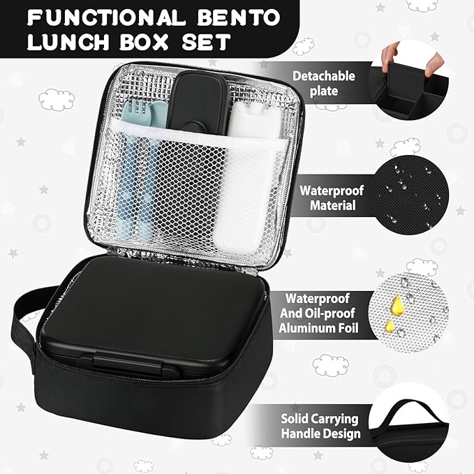MAISON HUIS Bento Lunch Box with 8oz Soup Thermo and Insulated Lunch Bag, Kids Leakproof Lunch Food Containers with 5 Compartment, Boys Girls Thermo Hot Food Jar for Travel, School, BPA Free (Black)