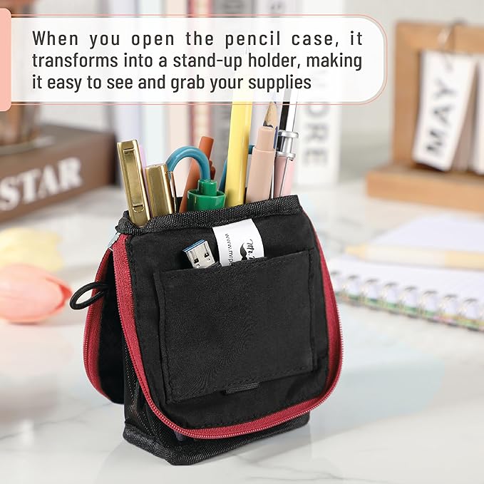Mr. Pen- Standing Pencil Case Pouch, Sit & Lay Mesh-View Design, Black with Red Zipper, Interior Pocket & 2 Elastic Binder Loops, Cute Pencil Case for Girls and Boys