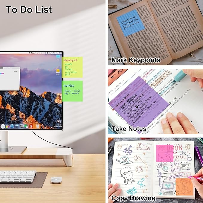 Sticky Notes，Transparent Sticky Notes， Self-Adhesive, Waterproof，Bright Color, 3x3 Inch，200 Pcs for Office,School,Teacher Supplies, Study Supplies (4, Dark Purple + Light Purple + Orange + White)