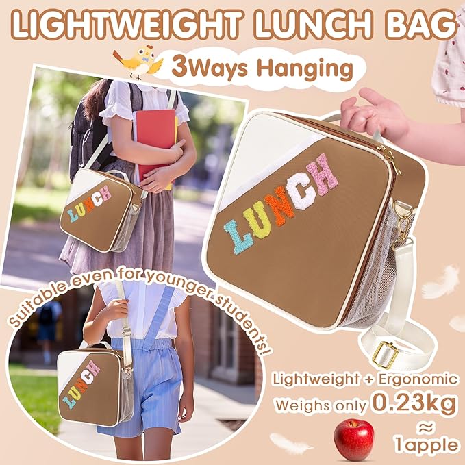 Nsrzua Lunch Bag Kids,Insulated Lunch Bag With Adjustable Shoulder Strap,Reusable Lunch Bag for Kids, Girls,Boys, lunch Bag Women,Preppy Lunch Box for School,Travel, Picnic (brown)