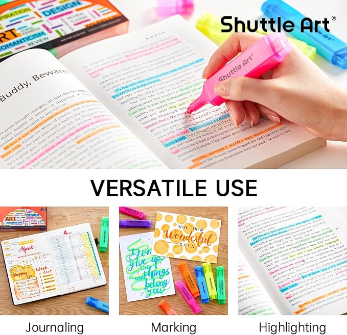 Shuttle Art 8 Assorted Colors Highlighters, Chisel Tip Dry-Quickly Non-Toxic Highlighter Markers for Adults Teachers Students Highlighting on Home School Office