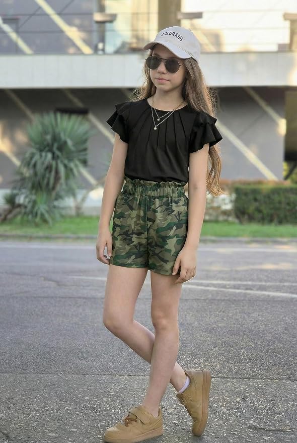 Arshiner Girls 2 Piece Outfits Summer Ruffle Sleeve Top and Paperbag Waist Shorts Set with Pockets Size 5-13 Years